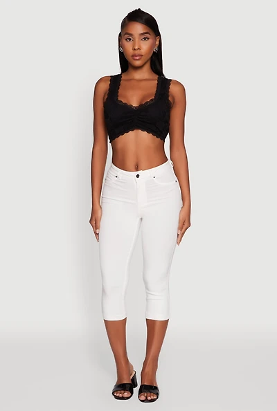 Womens Scalloped Lace Trim V Neck Crop Top, Black, Size XL
