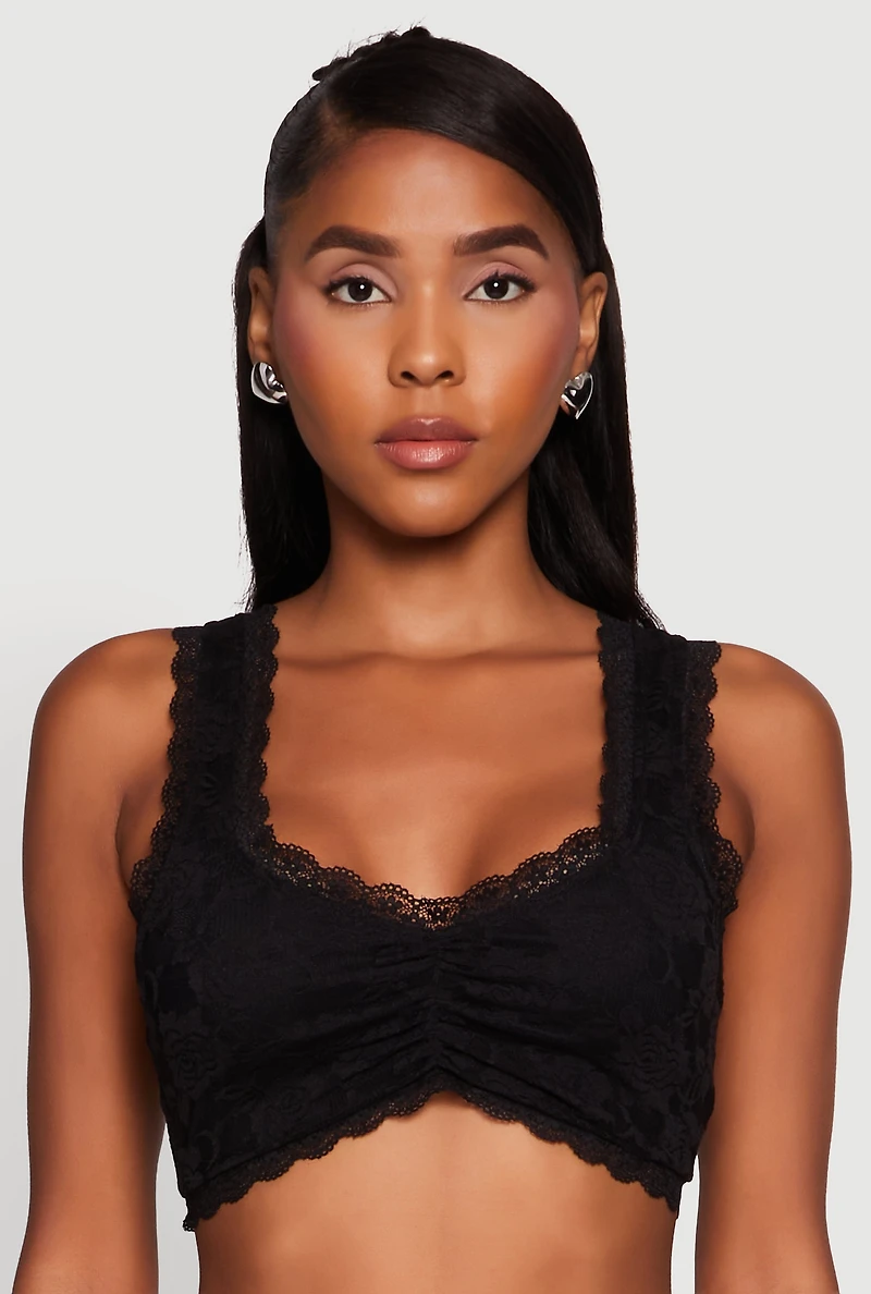 Womens Scalloped Lace Trim V Neck Crop Top, Black, Size XL