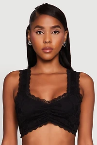 Womens Scalloped Lace Trim V Neck Crop Top, Black, Size XL