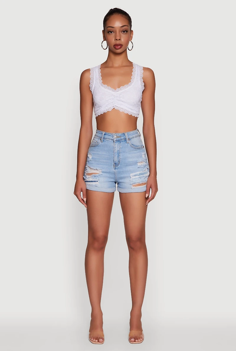 Womens Scalloped Lace Trim V Neck Crop Top, White,
