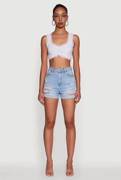 Womens Scalloped Lace Trim V Neck Crop Top, White,
