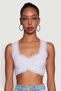 Womens Scalloped Lace Trim V Neck Crop Top, White,