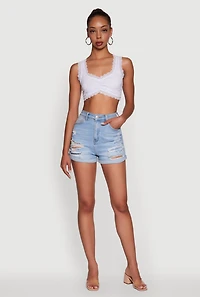 Womens Scalloped Lace Trim V Neck Crop Top, White,