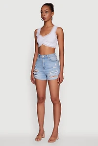 Womens Scalloped Lace Trim V Neck Crop Top, White,