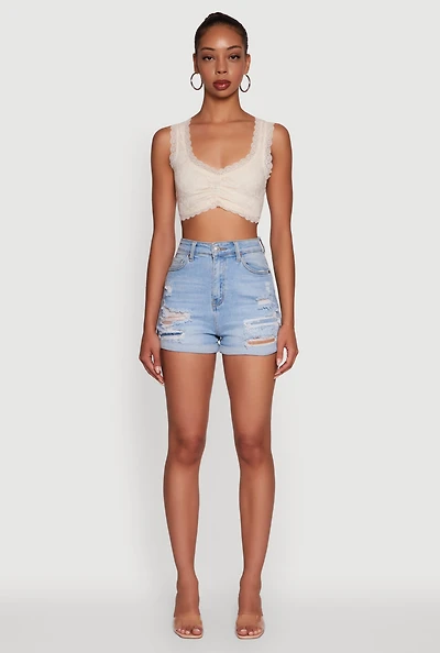 Womens Scalloped Lace Trim V Neck Crop Top, Beige, Size L