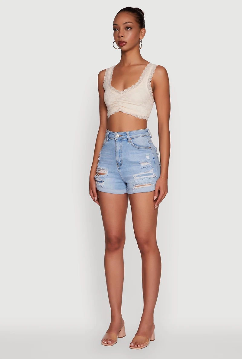 Womens Scalloped Lace Trim V Neck Crop Top, Beige, Size L