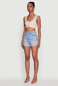 Womens Scalloped Lace Trim V Neck Crop Top, Beige, Size L