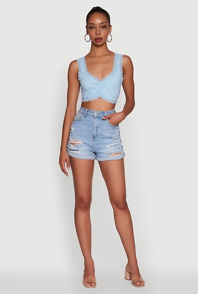 Womens Scalloped Lace Trim V Neck Crop Top, Blue, Size L