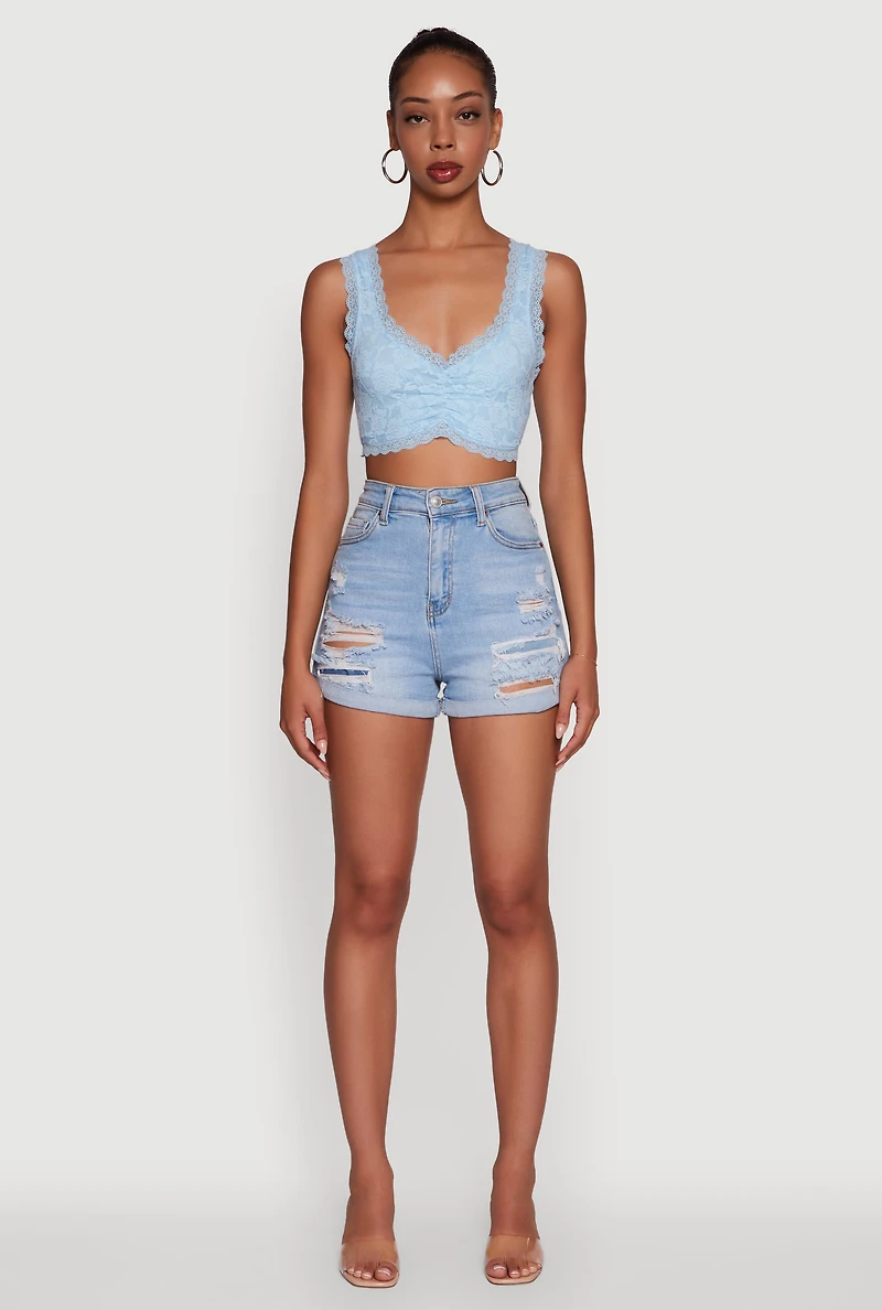 Womens Scalloped Lace Trim V Neck Crop Top, M