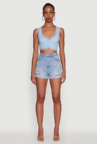 Womens Scalloped Lace Trim V Neck Crop Top, M