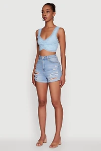 Womens Scalloped Lace Trim V Neck Crop Top, Blue, Size L