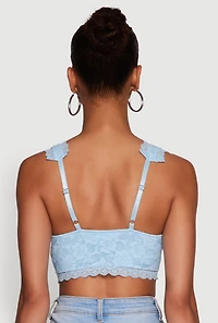 Womens Scalloped Lace Trim V Neck Crop Top, Blue, Size L