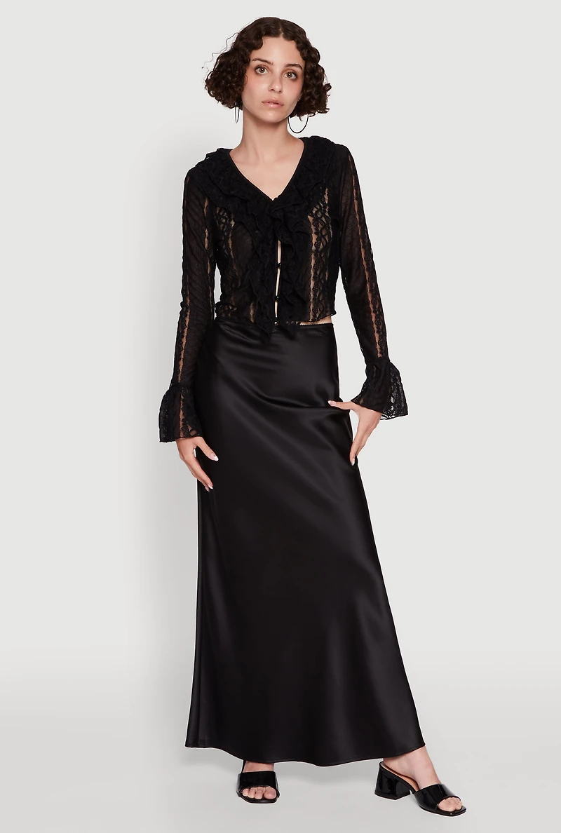 Womens Lace V-Neck Bell Sleeve Button Front Blouse,