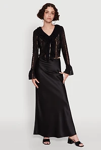 Womens Lace V-Neck Bell Sleeve Button Front Blouse,