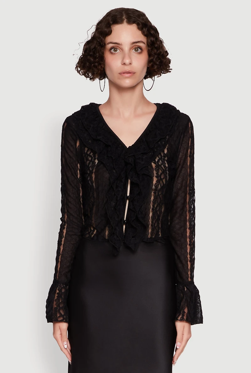 Womens Lace V-Neck Bell Sleeve Button Front Blouse, Black, Size M