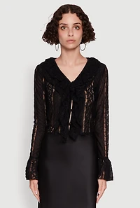 Womens Lace V-Neck Bell Sleeve Button Front Blouse, Black, Size M
