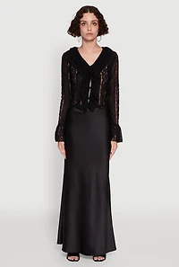 Womens Lace V-Neck Bell Sleeve Button Front Blouse,