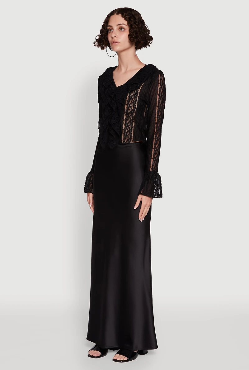 Womens Lace V-Neck Bell Sleeve Button Front Blouse, Black, Size M