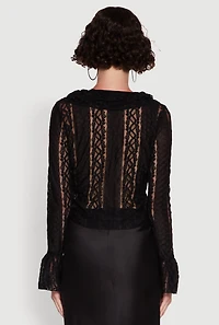 Womens Lace V-Neck Bell Sleeve Button Front Blouse,