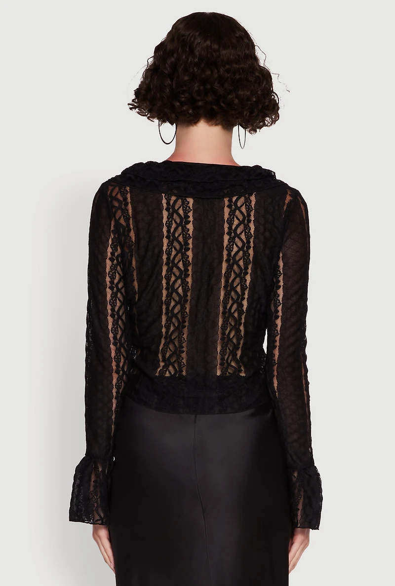 Womens Lace V-Neck Bell Sleeve Button Front Blouse, Black, Size M