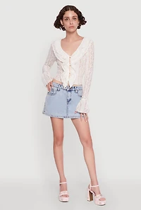 Womens Lace V-Neck Bell Sleeve Button Front Blouse, White, Size XL