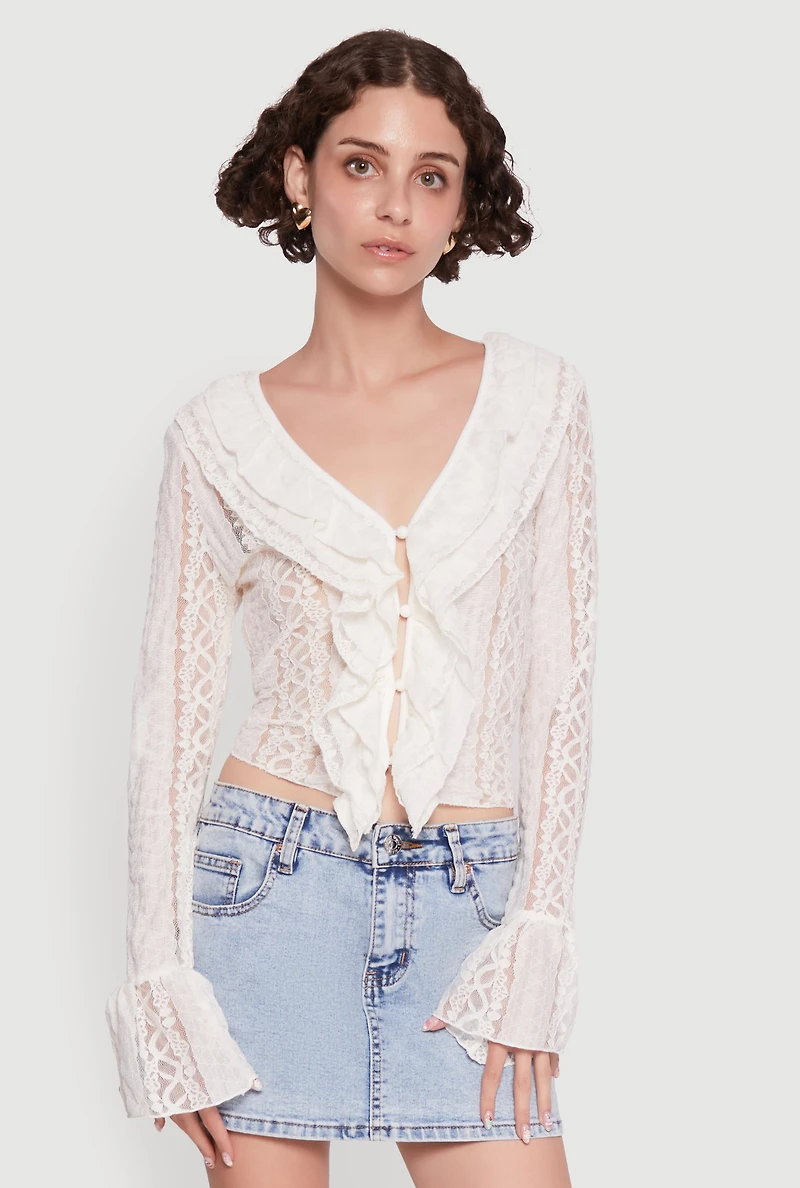 Womens Lace V-Neck Bell Sleeve Button Front Blouse, White, Size XL