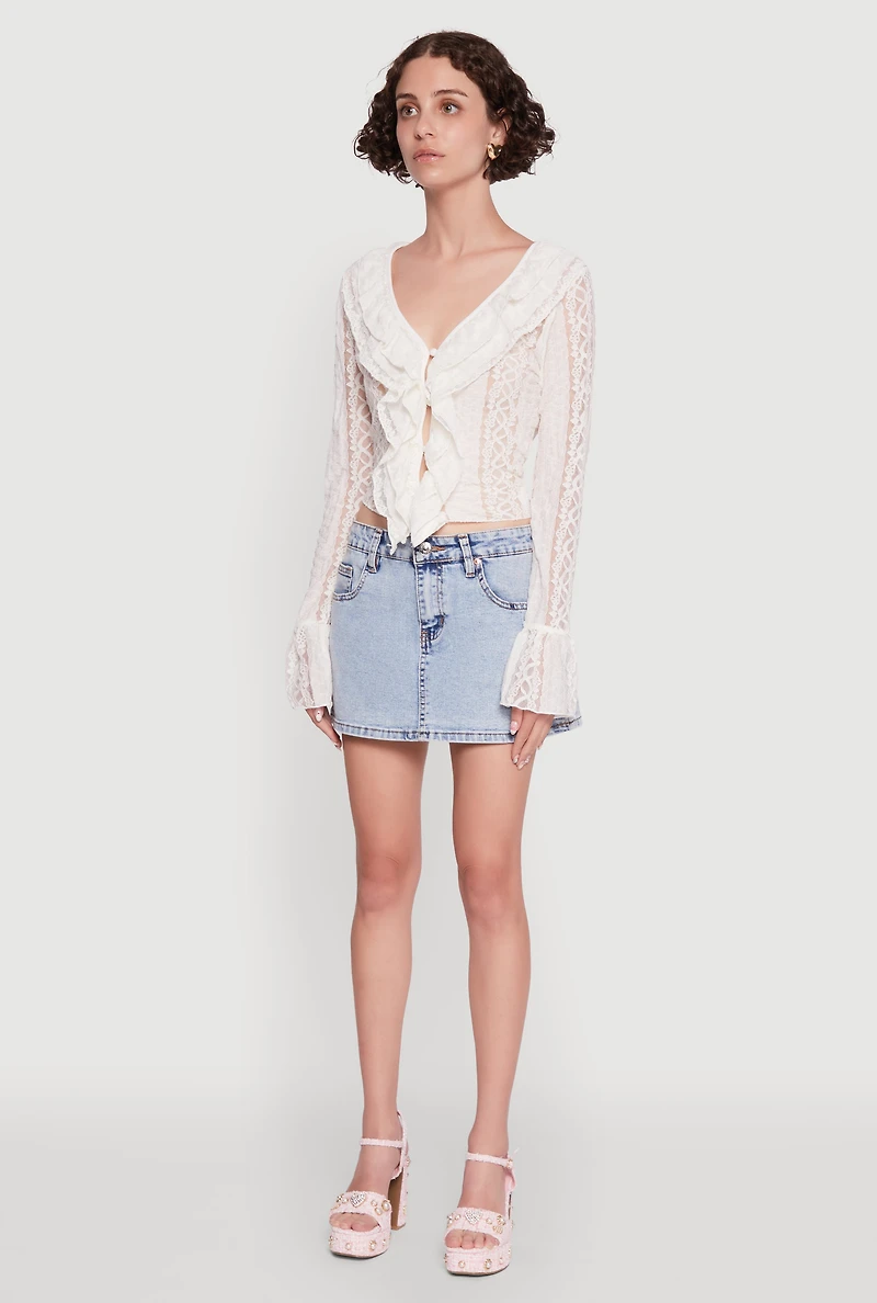 Womens Lace V-Neck Bell Sleeve Button Front Blouse, White, Size XL