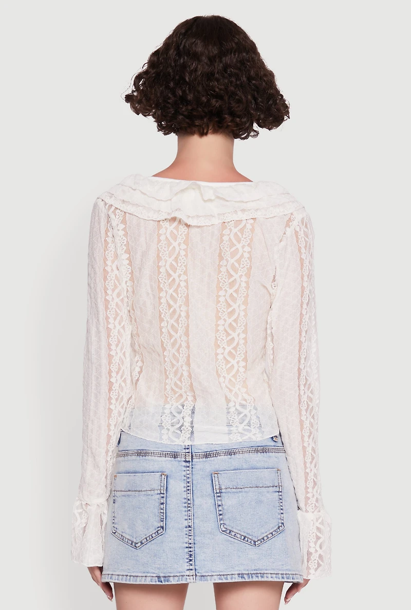 Womens Lace V-Neck Bell Sleeve Button Front Blouse, White, Size XL