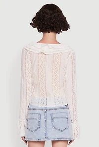 Womens Lace V-Neck Bell Sleeve Button Front Blouse, White, Size XL