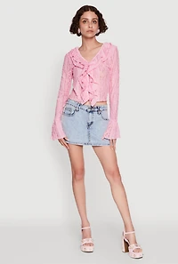 Womens Lace V-Neck Bell Sleeve Button Front Blouse,