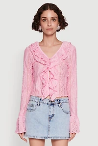 Womens Lace V-Neck Bell Sleeve Button Front Blouse,