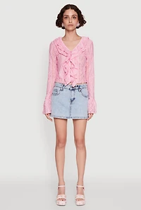 Womens Lace V-Neck Bell Sleeve Button Front Blouse,