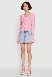 Womens Lace V-Neck Bell Sleeve Button Front Blouse,