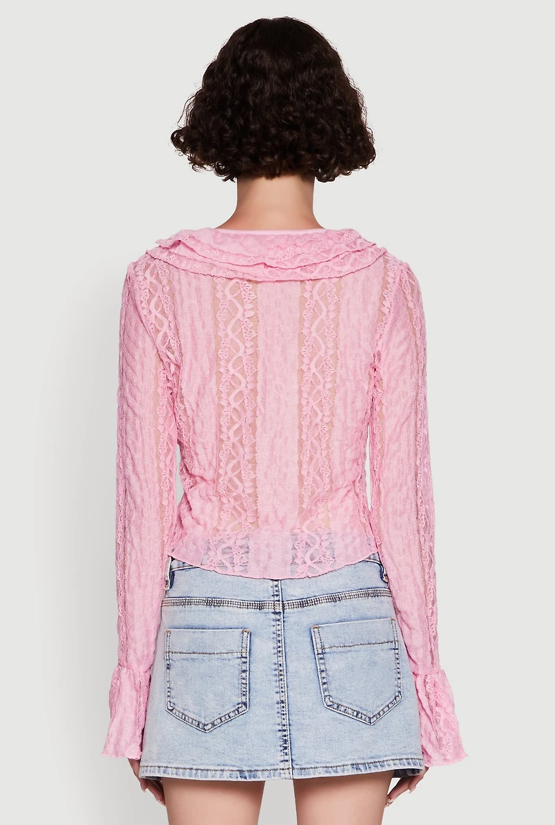 Womens Lace V-Neck Bell Sleeve Button Front Blouse,