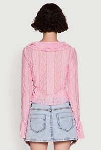 Womens Lace V-Neck Bell Sleeve Button Front Blouse,