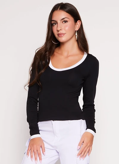 Womens Contrast Trim Long Sleeve T Shirt, Black, Size L