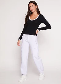 Womens Contrast Trim Long Sleeve T Shirt, Black, Size L