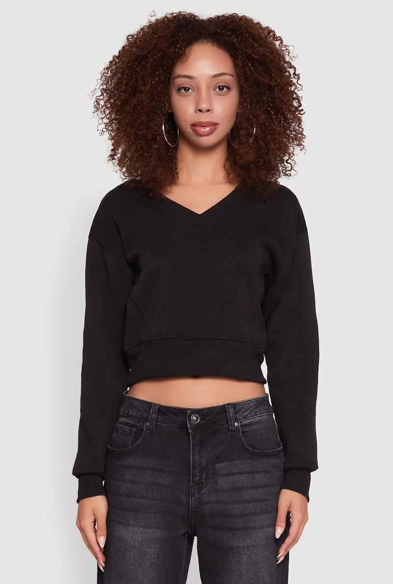 Womens Fleece Lined V-Neck Crop Sweatshirt, Black, Size L