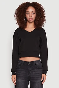 Womens Fleece Lined V-Neck Crop Sweatshirt, Black, Size L