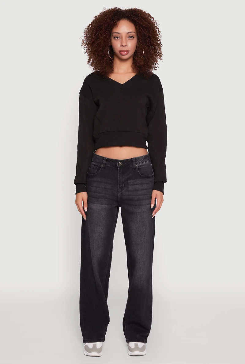 Womens Fleece Lined V-Neck Crop Sweatshirt, Black, Size L