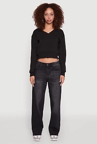 Womens Fleece Lined V-Neck Crop Sweatshirt, Black, Size L