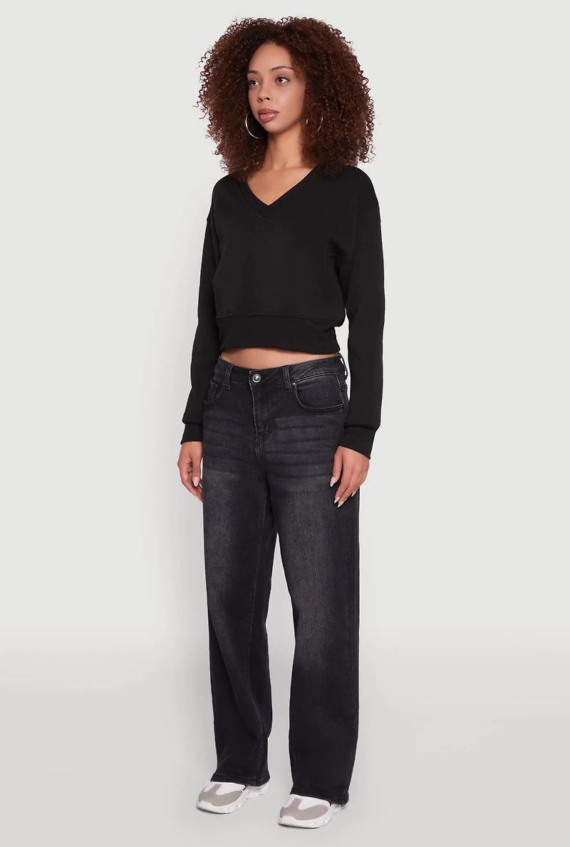 Womens Fleece Lined V-Neck Crop Sweatshirt, Black, Size L