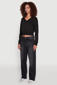 Womens Fleece Lined V-Neck Crop Sweatshirt, Black, Size L