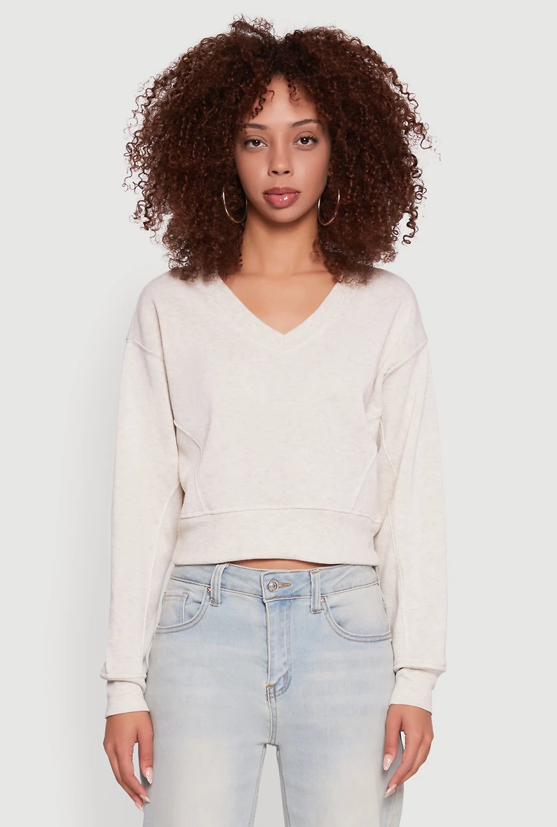 Womens Fleece Lined V-Neck Crop Sweatshirt, Beige, Size L
