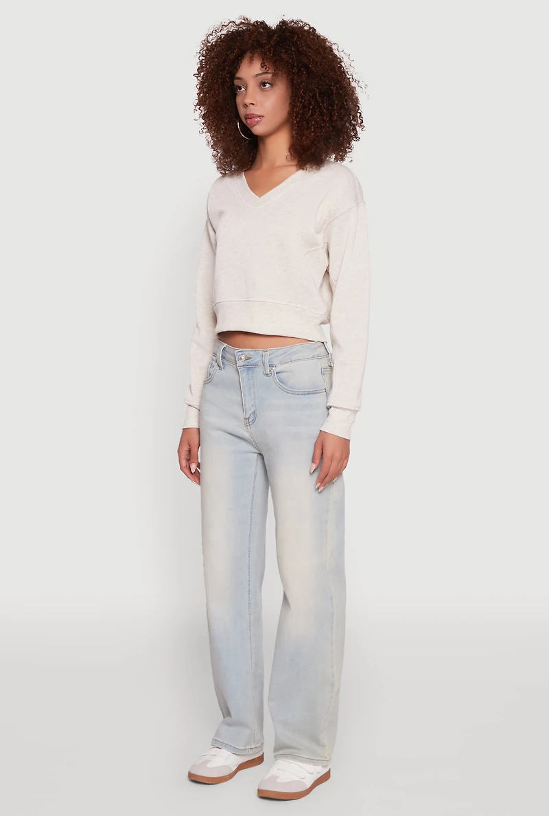 Womens Fleece Lined V-Neck Crop Sweatshirt, Beige, Size L