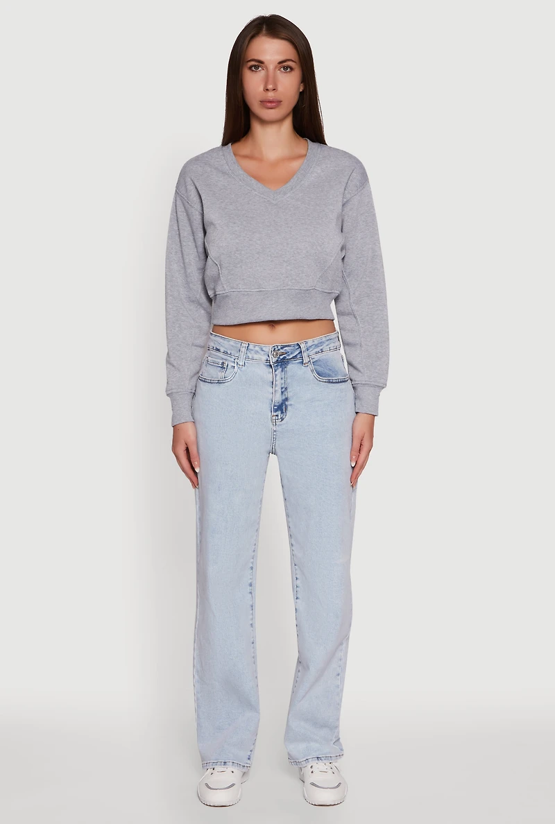 Womens Fleece Lined V-Neck Crop Sweatshirt, Grey,