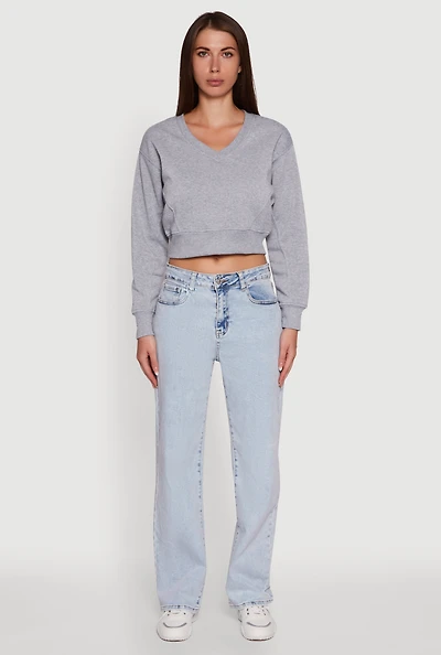 Womens Fleece Lined V-Neck Crop Sweatshirt, Grey,