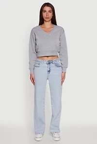 Womens Fleece Lined V-Neck Crop Sweatshirt, Grey,