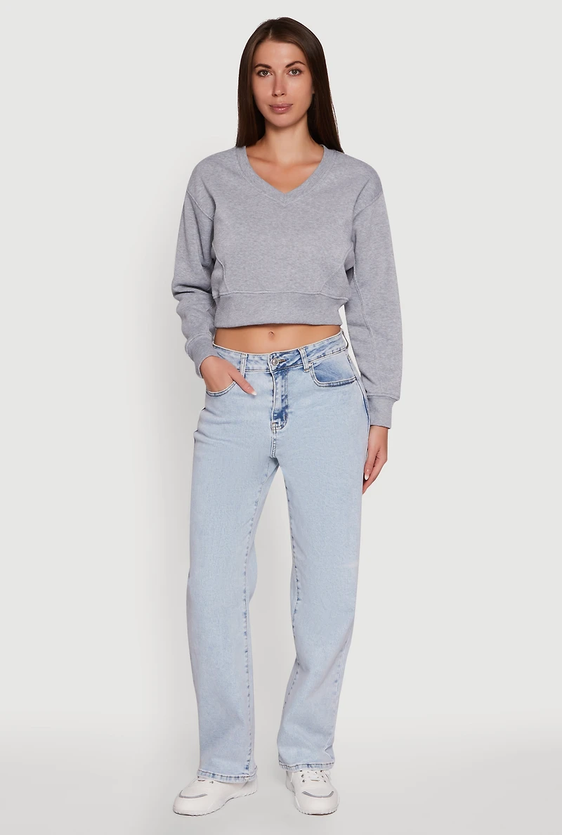 Womens Fleece Lined V-Neck Crop Sweatshirt, Grey,