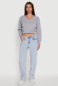 Womens Fleece Lined V-Neck Crop Sweatshirt, Grey,